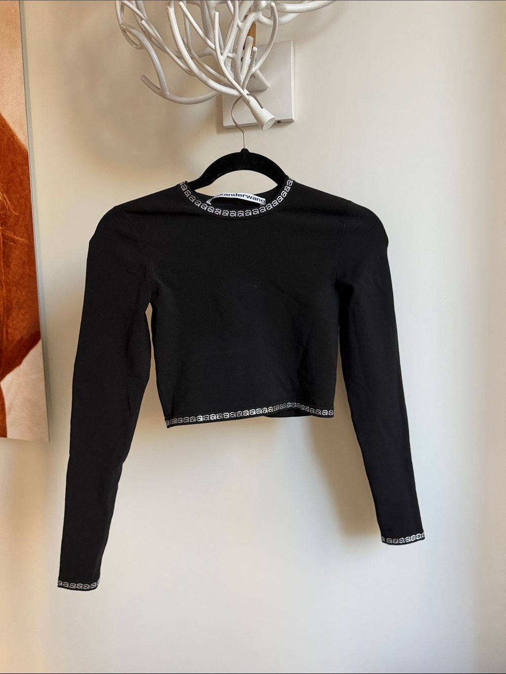 Alexander Wang Black Cropped Long-Sleeve Top with Logo Trim